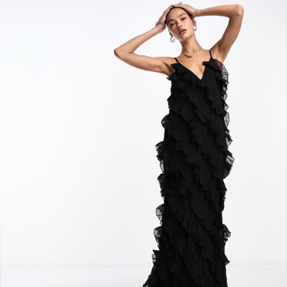 NA-KD all-over ruffle maxi dress in black